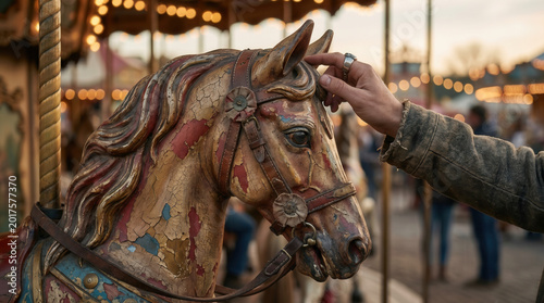 Hand touching antique carousel horse at amusement park at sunset  
