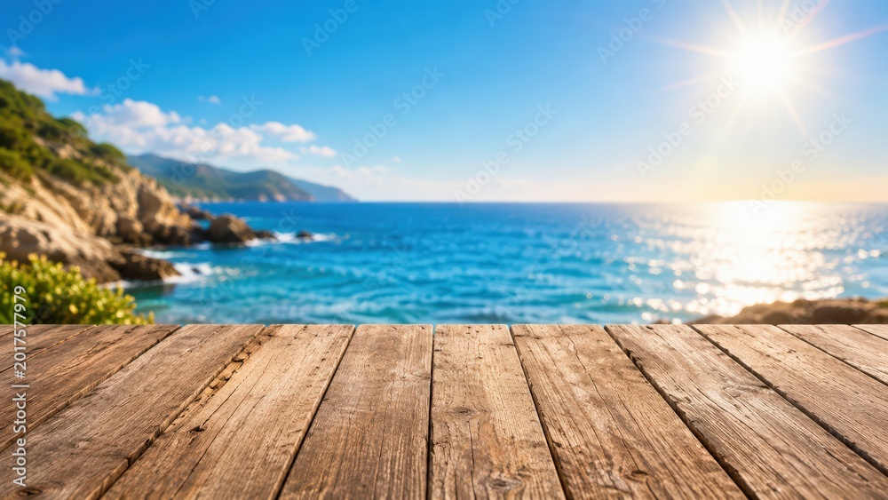 Fototapeta premium Empty wooden table top with blurred ocean and sunny sky background