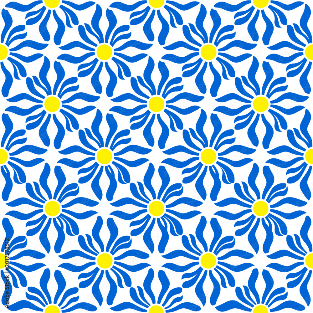 Fototapeta premium Seamless pattern with blue flowers and yellow centers