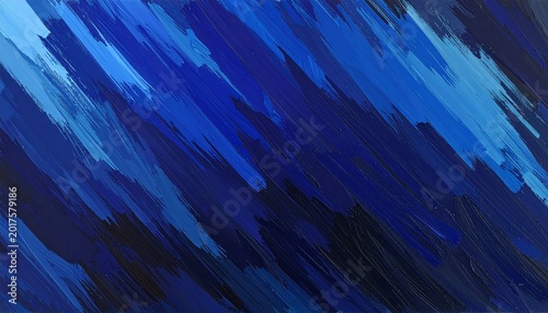 Vibrant blue abstract artwork with sharp, energetic diagonal lines and brush marks.