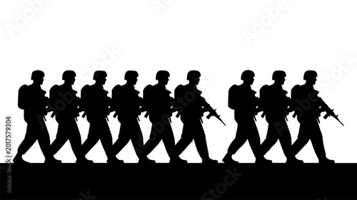 Slika na platnu Military Soldiers Marching in Formation with Rifles – Army Troop Silhouette Blac