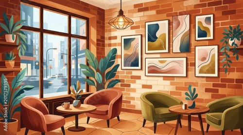 Cozy Cafe Interior with Art and Plants Interior Design Furniture Art Plants Cozy Modern. Concept featuring interior, design, furniture, art, plants for professional commercial design.