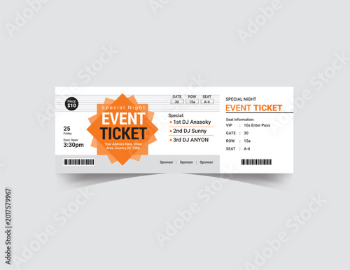 Modern event ticket template with orange starburst, professional concert admission pass, editable music festival entry voucher EPS vector
