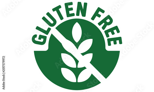 Green circle with white text gluten free symbol and wheat stalks illustration