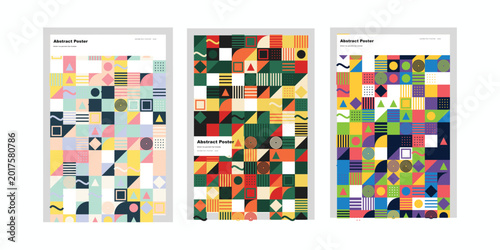 Tableau sur toile Vibrant geometric patterns adorn three colorful illustrations side by side