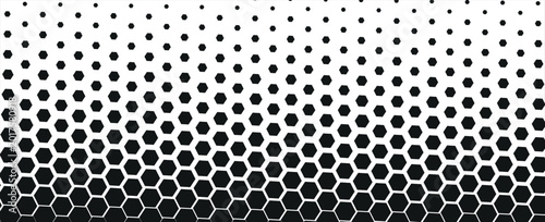 PrinBlack hexagon gradient texture. Fading honeycomb pattern background. Geometric hexagonal halftone tech overlay backdrop. Horizontal grunge halfton wallpaper. Vector retro technology dot texuret