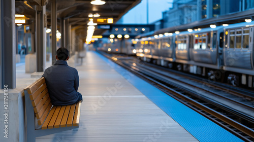 photo of an eerily empty train platform at dawn, a lone commuter sitting on a bench with slumped shoulders, a departing train visible at the far end. Long perspective, cool blue mo