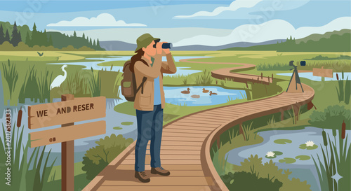 Vector of a birdwatcher using binoculars in a wetland reserve, promoting non-invasive nature observation.