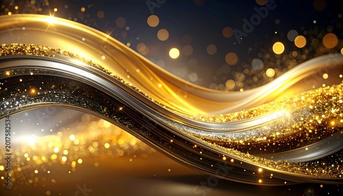 Flowing gold & silver waves glisten against bokeh-filled background