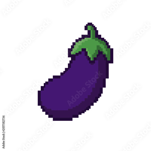 Pixelated purple eggplant with green leaves on a white background