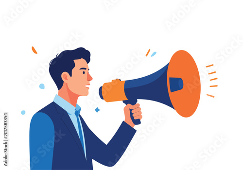 Bild auf Leinwand Businessman in blue suit holding megaphone to announce message