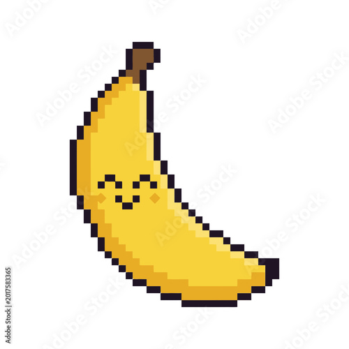A smiling pixel art banana with a face is depicted in a playful scene.
