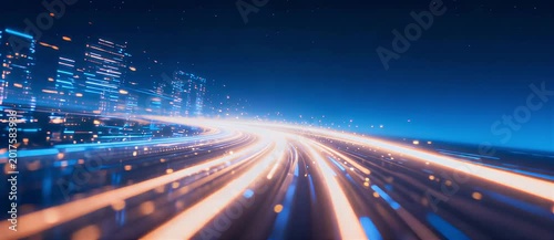 Abstract digital highway of light representing high-speed data transfer, network connectivity, and technological advancement in a futuristic urban environment