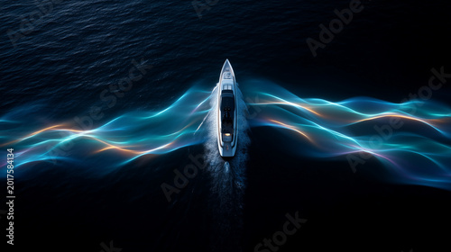 top down shot of a yacht sailing in a dark ocean ultra-premium cinematic long-exposure aerial photography, dark luxury sci-fi editorial aesthetic, top-down drone composition over b