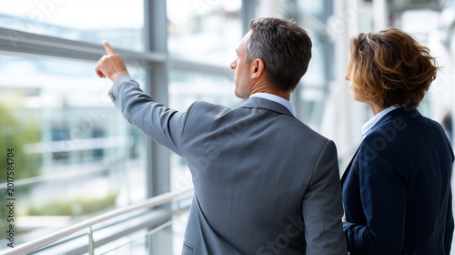 Faceless view from behind of two colleagues in business attire standing at a window in a bright meeting room, both looking out through the glass at the bright open exterior beyond,