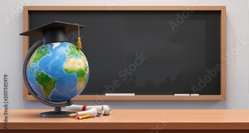 Globe with graduation hat and school accessory on wooden table in front of empty chalkboard with copy space. 3D Rendering, 3D Illustration
