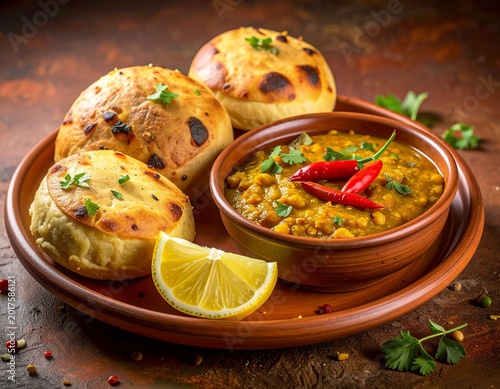 Rajasthani Traditional Cuisine Dal Baati Also Know as Dal Bati or Daal Baati Churma on Wooden Background. selective focus