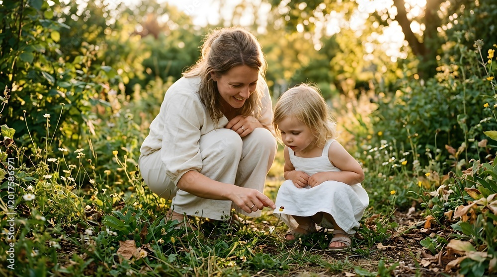 Fototapeta premium Happy mother and little daughter exploring nature in sunny backyard garden during golden hour sunset