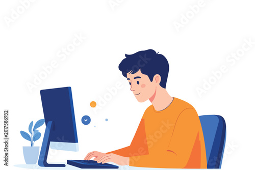 Man sitting at desk working on computer with green theme and plant
