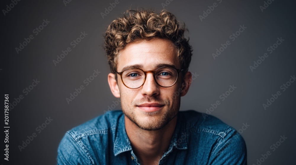 Fototapeta premium Portrait of a young man with curly hair and glasses smiling confidently