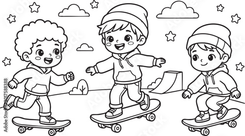 Cute kawaii kids skateboarding and roller skating collection, hand-drawn vector set of happy children characters for coloring pages and stickers.
