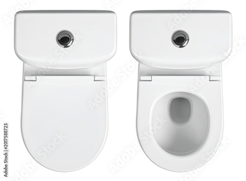 top view of closed and open bidet or modern toilet bowl isolated on white