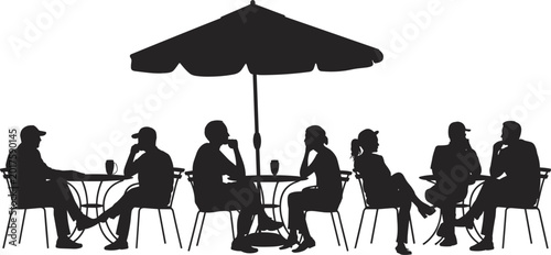 Schilderij op canvas Outdoor café silhouette, people sitting under umbrella, social gathering illustr