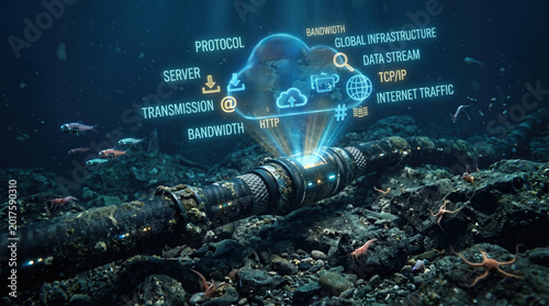 Underwater fiber optic cable transmitting data with glowing cloud hologram. Global internet infrastructure and telecommunication concept. Deep sea network connection with digital text
