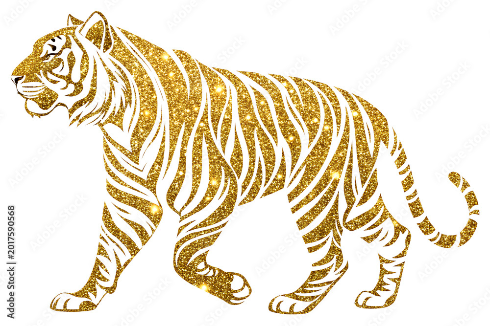Fototapeta premium Gold glitter silhouette illustration of a tiger in png format for environment day