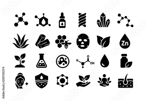 Skincare Ingredient Molecule Banner. Solid glyph icon set of skincare elements: molecule, vitamin, serum, collagen, crystal, peptide, aloe, charcoal, propolis, mask, leaf, zinc, plant, flask, cell,
