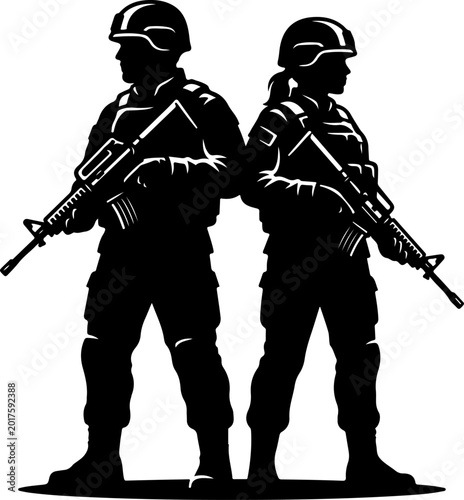 Bild auf Leinwand Male and female soldiers holding Rifles silhouette vector illustration