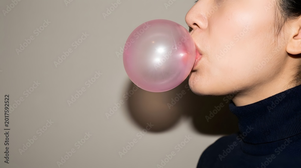 Fototapeta premium young asian woman in black turtleneck blowing large pink bubble gum bubble against neutral wall