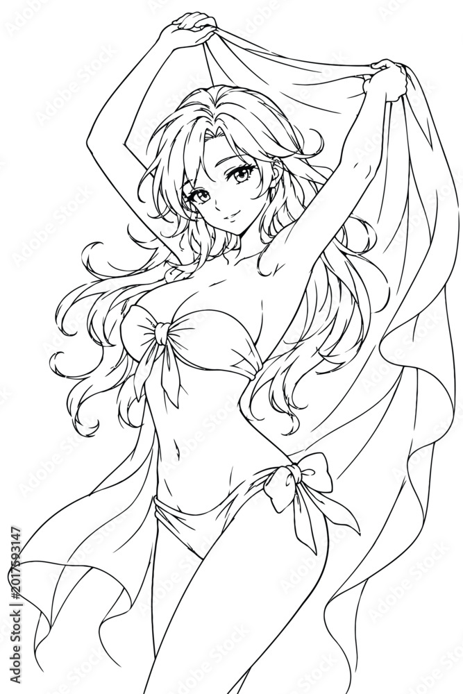 Fototapeta premium Line drawing of a young woman with flowing hair and a draped cloth