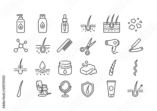 Hair Loss Treatment. Line icon set of hair loss treatment and beauty care: shampoo bottle, conditioner bottle, serum dropper, hair follicle, scalp diagram, dandruff flakes, keratin molecule, hair