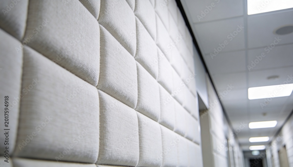 Fototapeta premium Highlighting quilted fabric wall panels receding along corridor, with T-bar ceiling and doorways