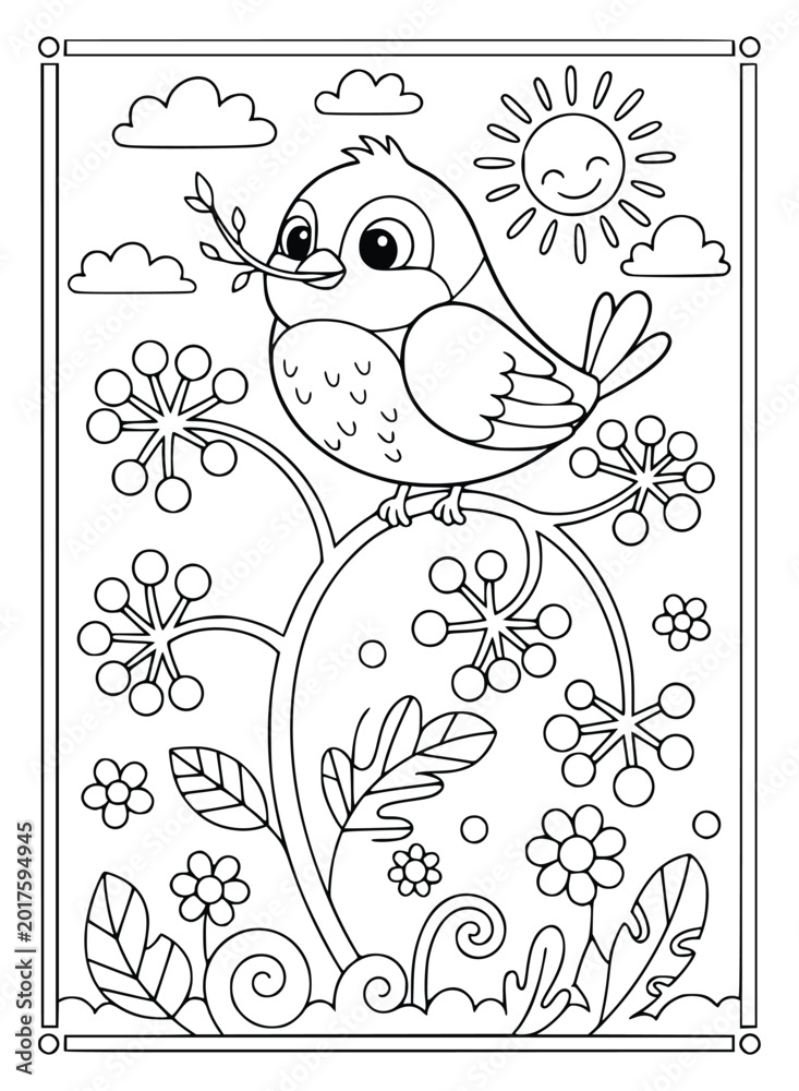 Fototapeta premium Bird is a cute cartoon character sitting on a flower branch in the garden