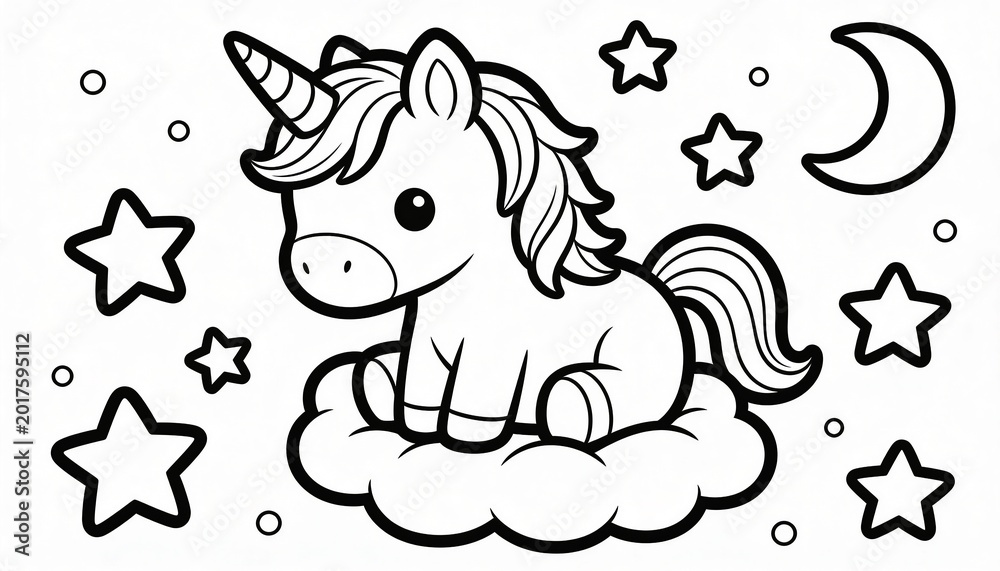 Fototapeta premium Sitting chubby cartoon unicorn floating on fluffy cloud, showing spiraled horn, stars, moon, dots