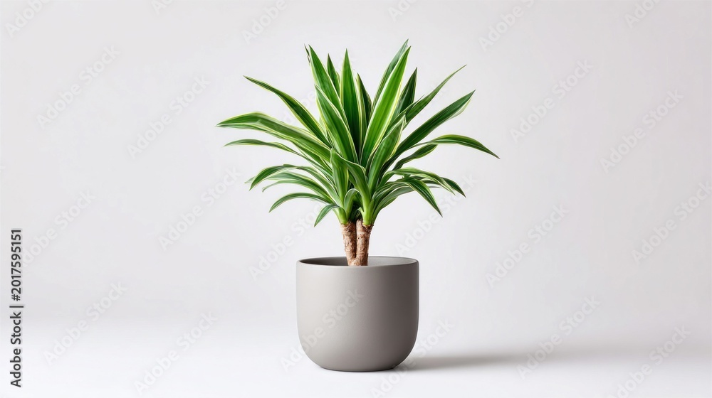 Fototapeta premium A vibrant green potted plant with variegated leaves sits in a minimalist gray planter