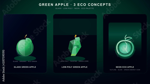 Fotografía Three distinct digital art interpretations of a green apple eco concept Vector