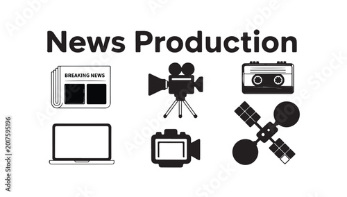 Fotografie News production and broadcast broadcasting equipment icons for global information media art