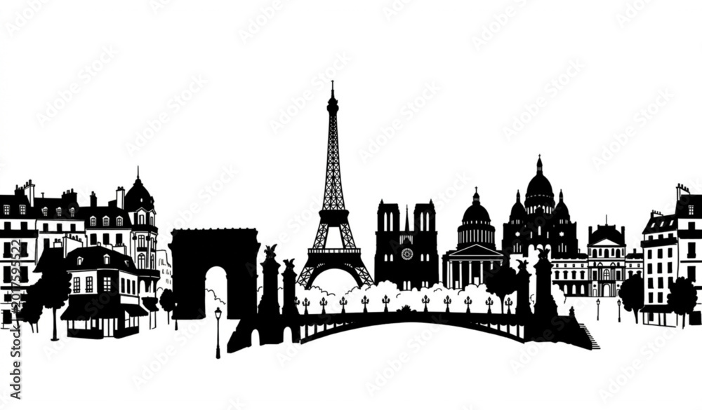 Naklejka premium Paris France skyline silhouette footer border vector city landmark illustration