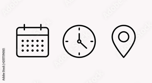 Quadro su tela Calendar Clock and Location Pin Icons Set Simple Outline Vector Symbols