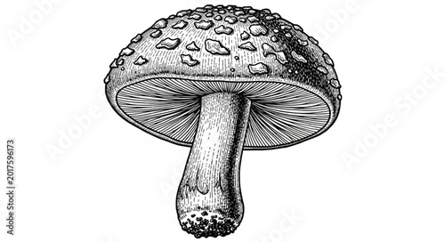 Canvastavla Detailed Black and White Illustration of a Mushroom.
