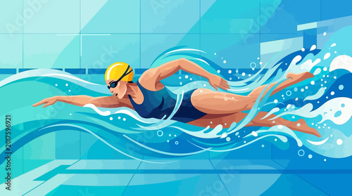 Foto A dynamic flat vector illustration of a swimmer performing freestyle swimming in water