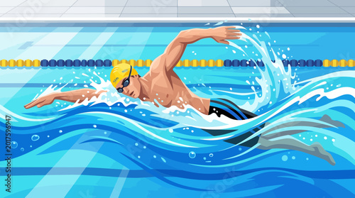 Canvastavla A dynamic flat vector illustration of a swimmer performing freestyle swimming in water
