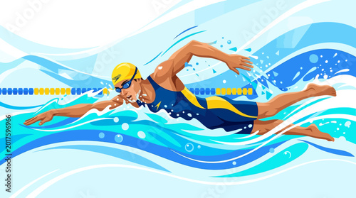 Photos A dynamic flat vector illustration of a swimmer performing freestyle swimming in water