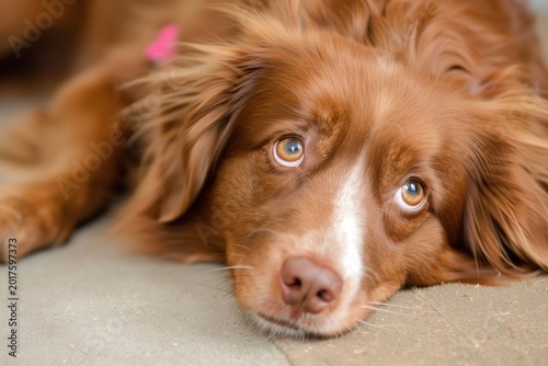 Close-up of a brown dog with soulful amber eyes lying on a tiled floor, soft fur and white snout marking, warm natural lighting