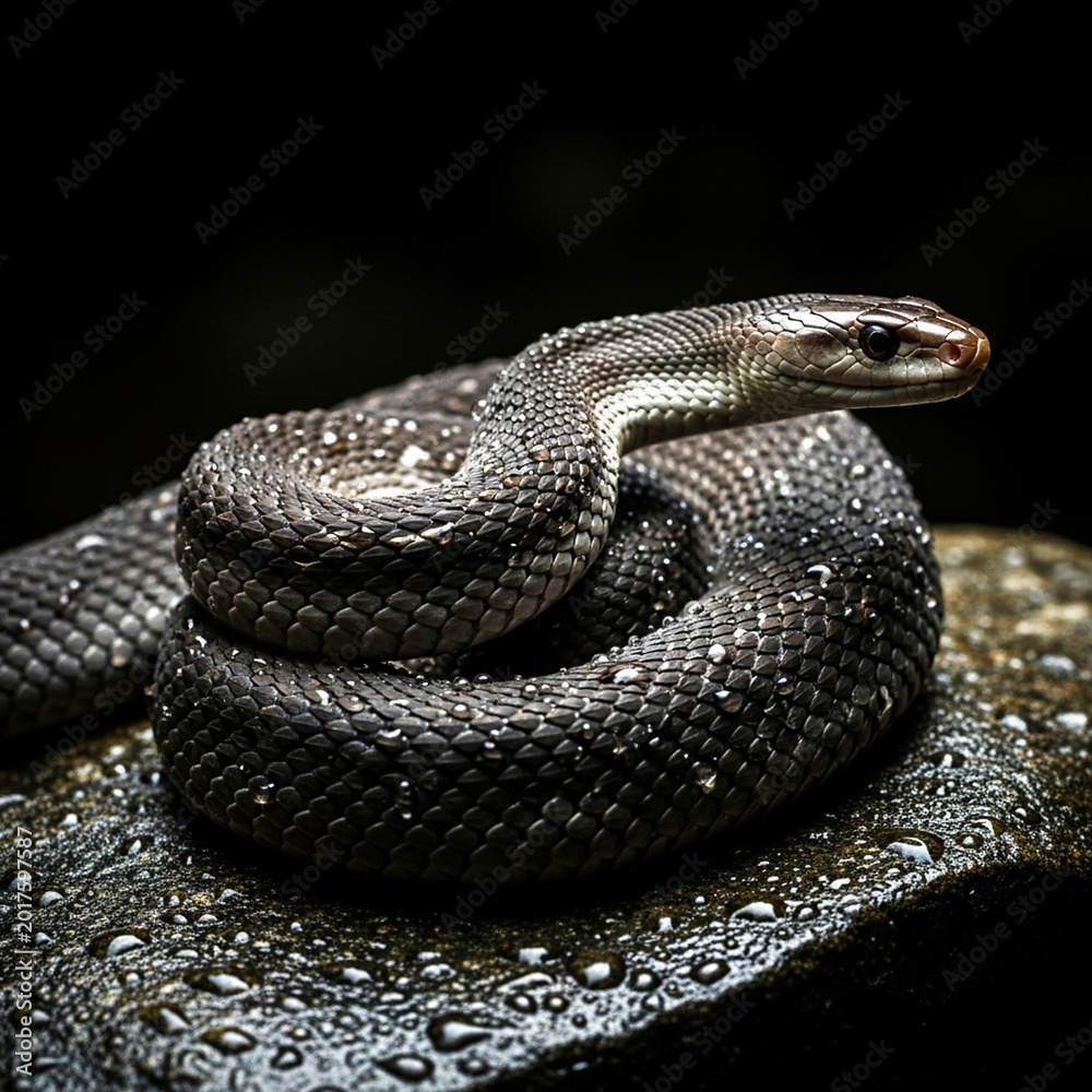 Obraz premium Dark coiled snake resting on a wet rock with detailed textured scales and dramatic lighting. High-detail reptile portrait ideal for wildlife themes, exotic animal visuals, and nature concepts.