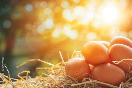 Fresh brown eggs resting in hay with warm golden sunlight and bokeh background, cozy rustic farm morning scene