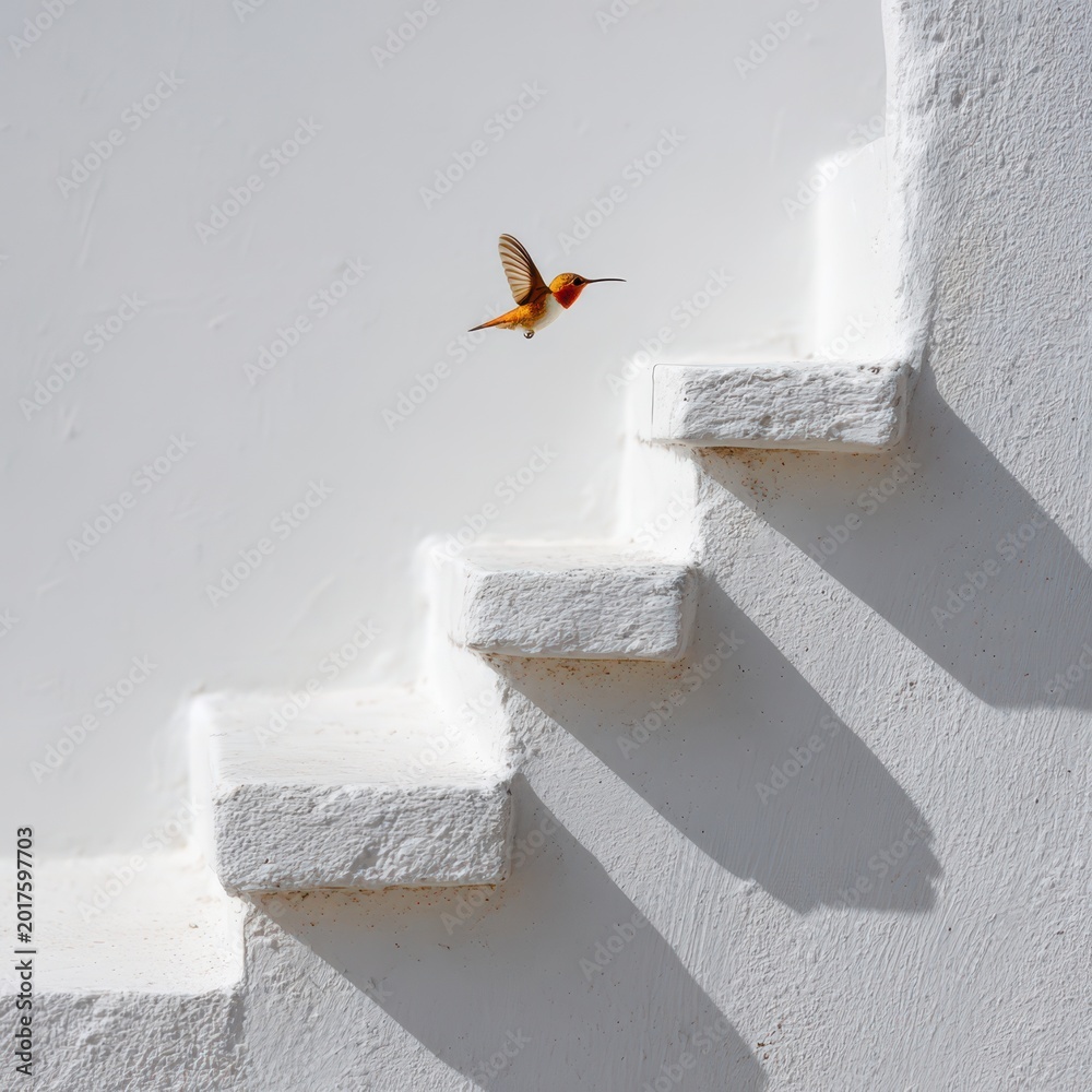 Fototapeta premium Hummingbird Flying Up White Stairs, Progress And Aspiration